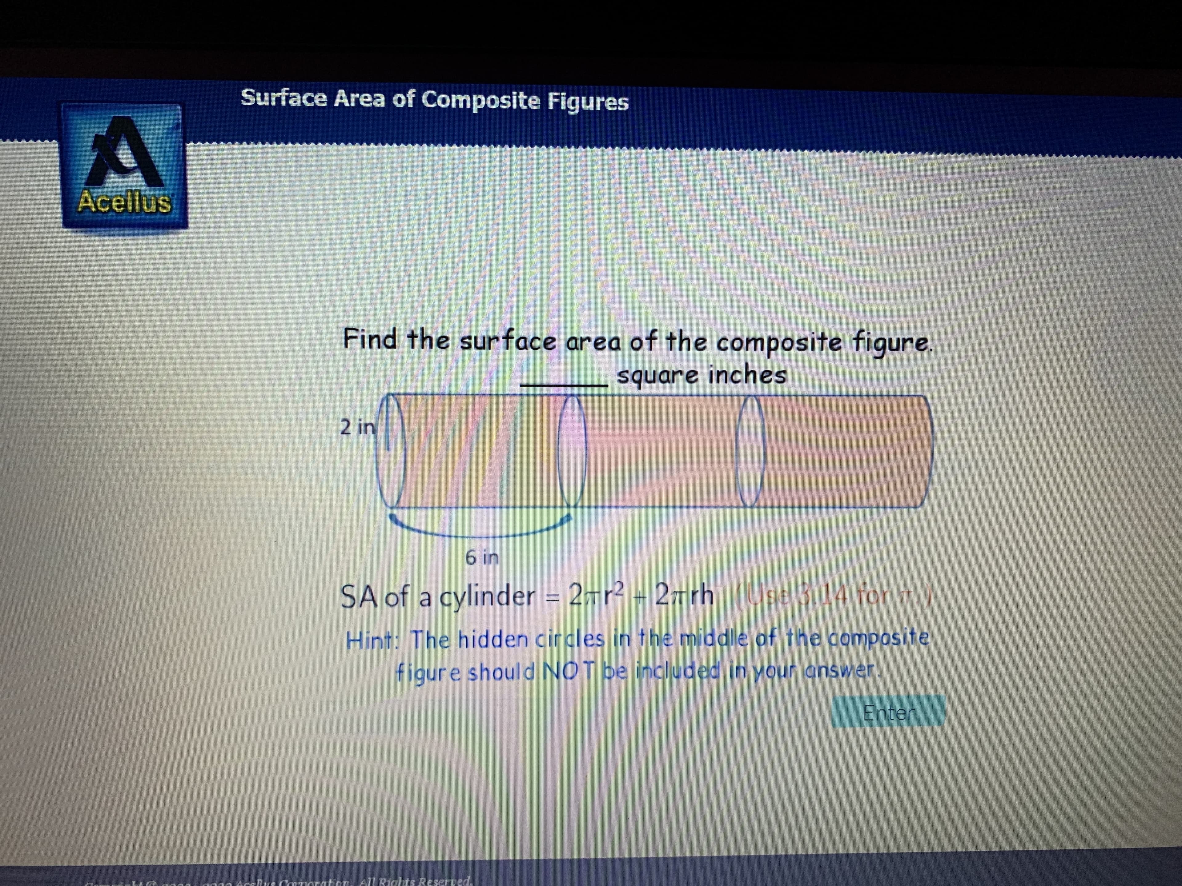 Find the surface area of the composite figure.
square inches
