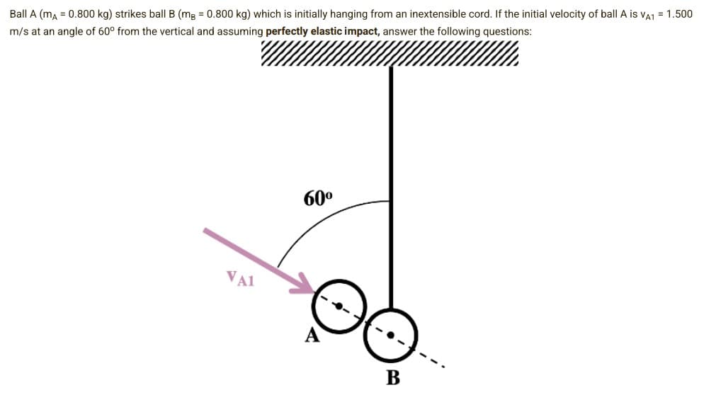 Ball A (ma = 0.800 kg) strikes ball B (mg = 0.800 kg) which is initially hanging from an inextensible cord. If the initial velocity of ball A is vA1 = 1.500
m/s at an angle of 60° from the vertical and assuming perfectly elastic impact, answer the following questions:
60°
VA1
B
