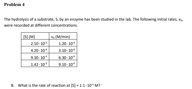 Problem 4
The hydrolysis of a substrate, S, by an enzyme has been studied in the lab. The following initial rates, vo,
were recorded at different concentrations.
[S] (M)
Vo (M/min)
2.10-104
1.20- 106
4.20- 104
3.10- 106
6.30 - 105
9.10 - 106
9.30- 104
1.42-103
B. What is the rate of reaction at [S] = 1.1-104 M? '
