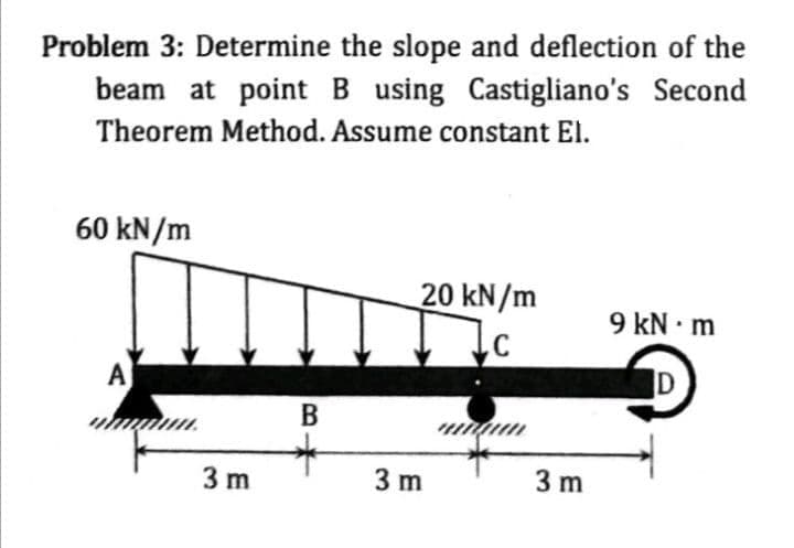 Problem 3: Determine the slope and deflection of the
beam at point B using Castigliano's Second
Theorem Method. Assume constant El.
60 kN/m
20 kN/m
9 kN m
A
B
3 m
3 m
3 m
