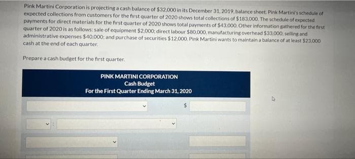 Pink Martini Corporation is projecting a cash balance of $32,000 in its December 31, 2019, balance sheet. Pink Martini's schedule of
expected collections from customers for the first quarter of 2020 shows total collections of $183,000. The schedule of expected
payments for direct materials for the first quarter of 2020 shows total payments of $43,000. Other information gathered for the first
quarter of 2020 is as follows: sale of equipment $2,000; direct labour $80,000, manufacturing overhead $33,000; selling and
administrative expenses $40,000; and purchase of securities $12,000. Pink Martini wants to maintain a balance of at least $23.000
cash at the end of each quarter.
Prepare a cash budget for the first quarter.
PINK MARTINI CORPORATION
Cash Budget
For the First Quarter Ending March 31, 2020