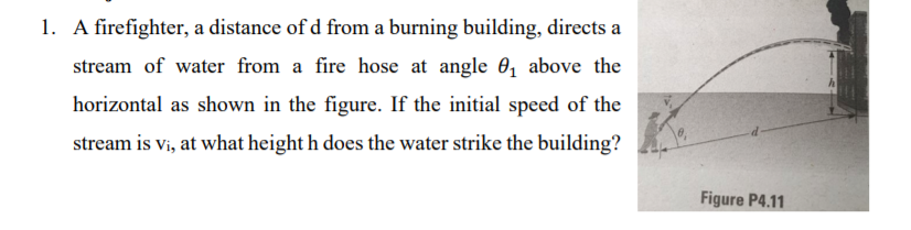 1. A firefighter, a distance of d from a burning building, directs a
stream of water from a fire hose at angle 0, above the
horizontal as shown in the figure. If the initial speed of the
stream is vi, at what height h does the water strike the building?
Figure P4.11
