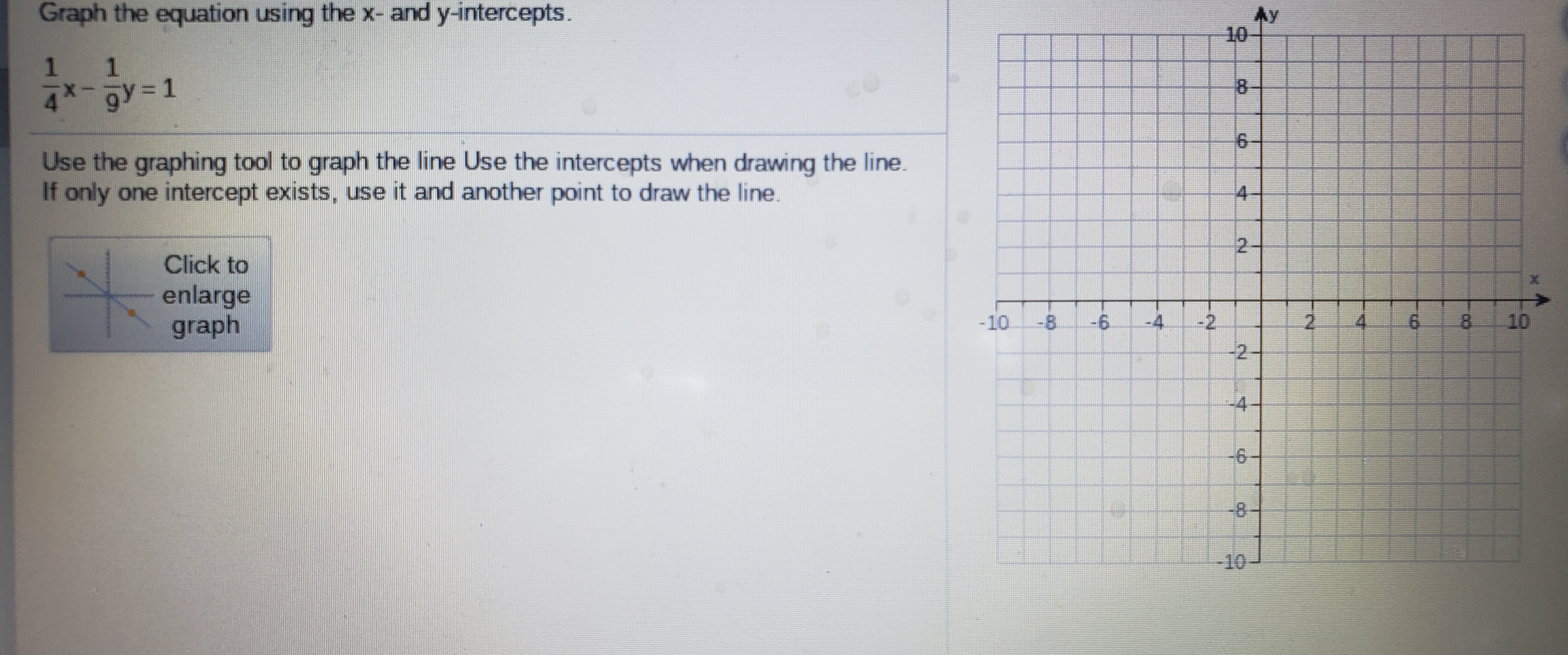 Graph the equation using the x- and y-intercepts.
Ay
10
1.
4*-9Y3D1
Use the graphing tool to graph the line Use the intercepts when drawing the line.
If only one intercept exists, use it and another point to draw the line.
2-
Click to
enlarge
graph
-10
-8
-6
-4
2.
4.
8.
10
-4
-8-
-10
B.
8.
4.
2.
2.

