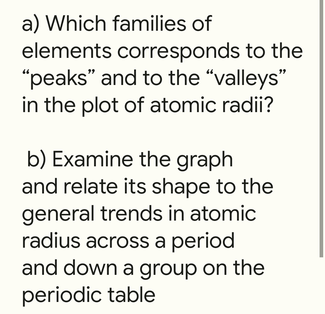 a) Which families of
elements corresponds to the
"peaks" and to the "valleys"
in the plot of atomic radii?
b) Examine the graph
and relate its shape to the
general trends in atomic
radius across a period
and down a group on the
periodic table