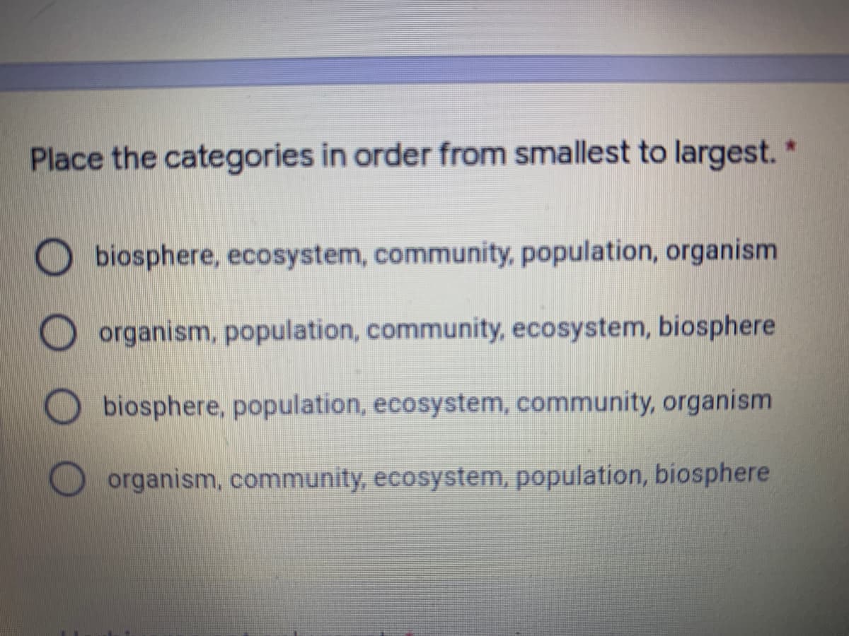 Place the categories in order from smallest to largest.

