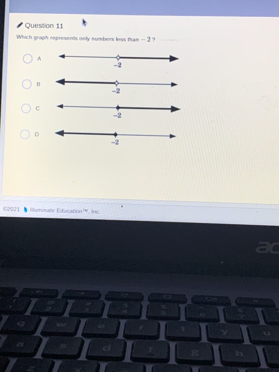 Question 11
Which graph represents only numbers less than – 2 ?
A
-2
-2
©2021
Illuminate Education TM, Inc.
ac
