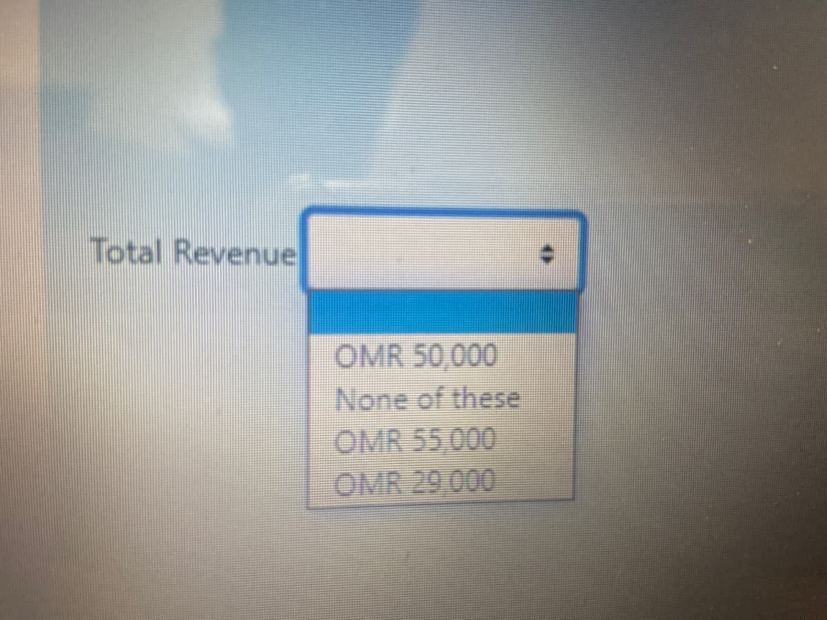 Total Revenue
OMR 50,000
None of these
OMR 55,000
OMR 29 000
