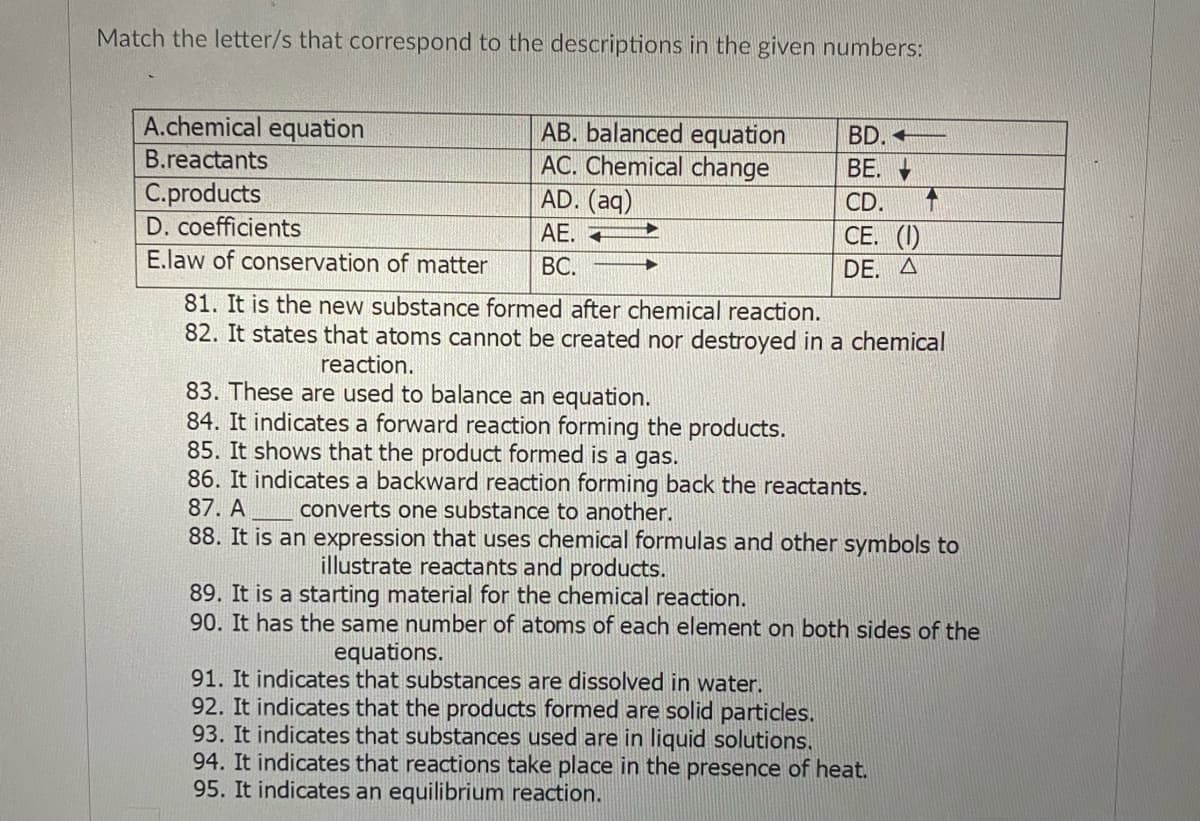 Match the letter/s that correspond to the descriptions in the given numbers:
A.chemical equation
AB. balanced equation
AC. Chemical change
AD. (aq)
BD. -
B.reactants
ВЕ.
C.products
D. coefficients
CD.
AE. +
СЕ. ()
E.law of conservation of matter
ВС.
DE. A
81. It is the new substance formed after chemical reaction.
82. It states that atoms cannot be created nor destroyed in a chemical
reaction.
83. These are used to balance an equation.
84. It indicates a forward reaction forming the products.
85. It shows that the product formed is a gas.
86. It indicates a backward reaction forming back the reactants.
87. A
converts one substance to another.
88. It is an expression that uses chemical formulas and other symbols to
illustrate reactants and products.
89. It is a starting material for the chemical reaction.
90. It has the same number of atoms of each element on both sides of the
equations.
91. It indicates that substances are dissolved in water.
92. It indicates that the products formed are solid particles.
93. It indicates that substances used are in liquid solutions.
94. It indicates that reactions take place in the presence of heat.
95. It indicates an equilibrium reaction.
