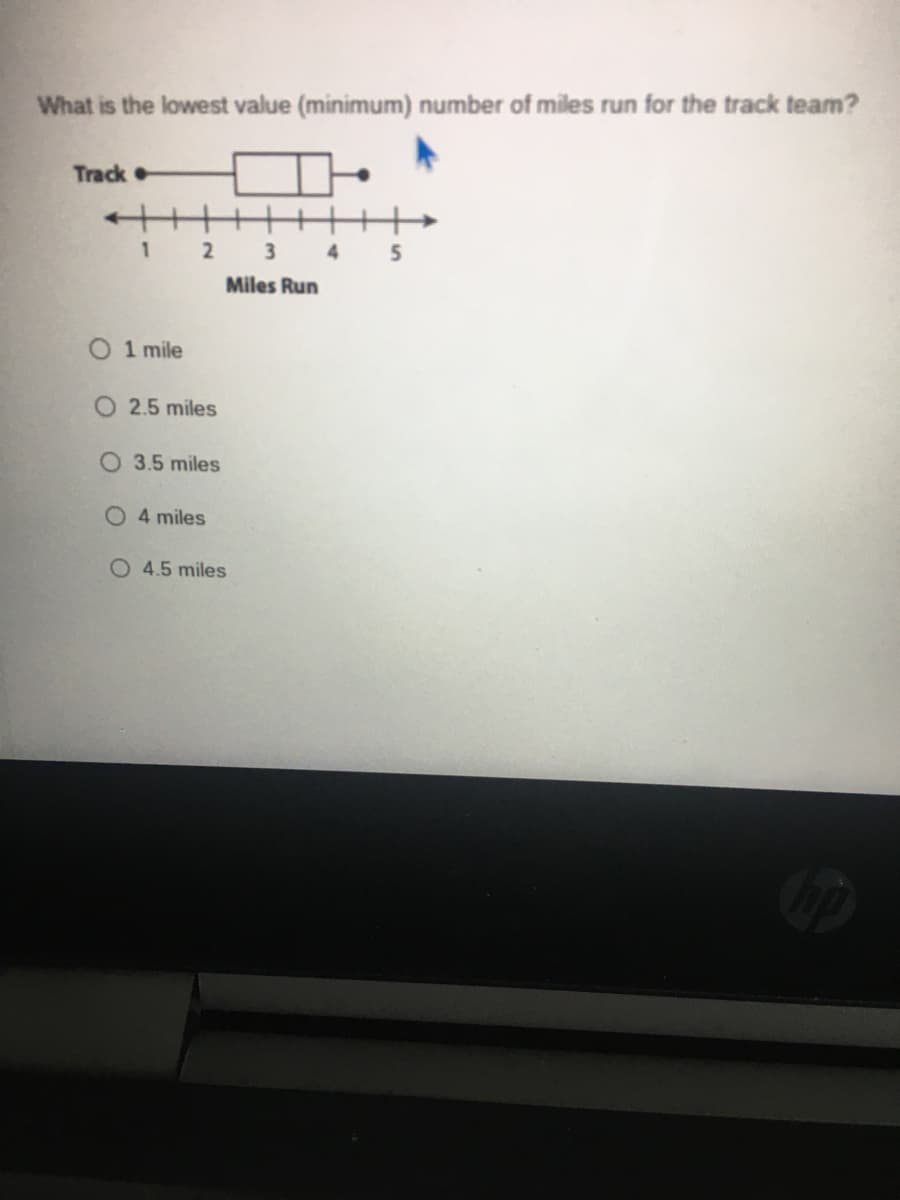 What is the lowest value (minimum) number of miles run for the track team?
Track
++++
3 4 5
Miles Run
1
2
O 1 mile
O 2.5 miles
3.5 miles
4 miles
O 4.5 miles
