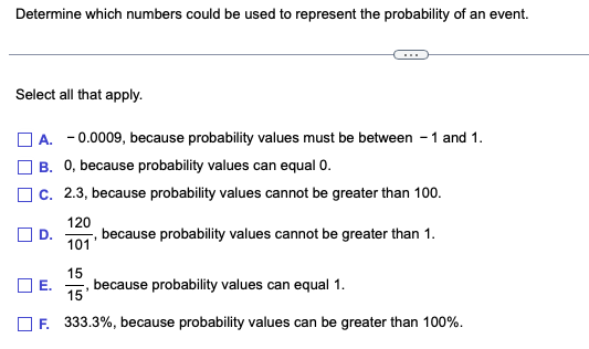 Determine which numbers could be used to represent the probability of an event.
Select all that apply.
A. -0.0009, because probability values must be between 1 and 1.
B. 0, because probability values can equal 0.
C. 2.3, because probability values cannot be greater than 100.
120
101
1
because probability values cannot be greater than 1.
15
because probability values can equal 1.
15
F. 333.3%, because probability values can be greater than 100%.