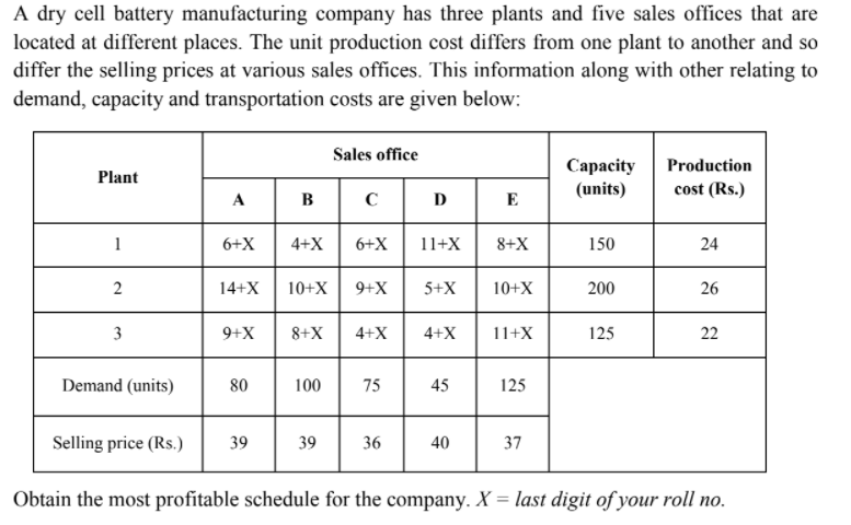 A dry cell battery manufacturing company has three plants and five sales offices that are
located at different places. The unit production cost differs from one plant to another and so
differ the selling prices at various sales offices. This information along with other relating to
demand, capacity and transportation costs are given below:
Sales office
Сараcity
(units)
Production
Plant
cost (Rs.)
A
B
D
E
1
6+X
4+X
6+X
11+X
8+X
150
24
2
14+X
10+X
9+X
5+X
10+X
200
26
3
9+X
8+X
4+X
4+X
11+X
125
22
Demand (units)
80
100
75
45
125
Selling price (Rs.)
39
39
36
40
37
Obtain the most profitable schedule for the company. X = last digit of your roll no.
