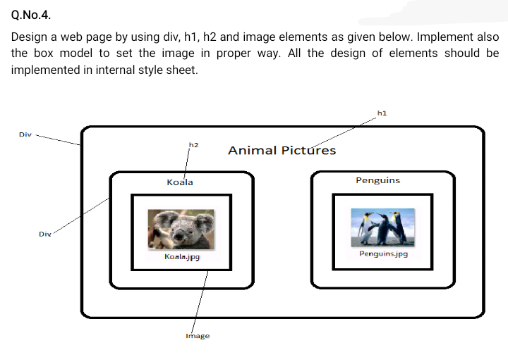Q.No.4.
Design a web page by using div, h1, h2 and image elements as given below. Implement also
the box model to set the image in proper way. All the design of elements should be
implemented in internal style sheet.
h1
Div
h2
Animal Pictures
Koala
Penguins
Div
Koalajpg
Penguins.jpg
Image
