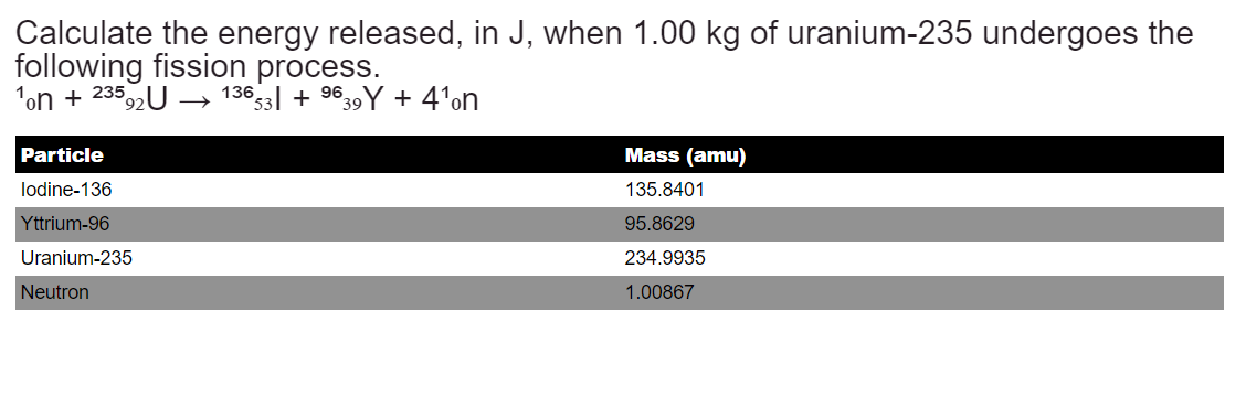 Calculate the energy released, in J, when 1.00 kg of uranium-235 undergoes the
following fission process.
¹on + 23592 U
Particle
lodine-136
Yttrium-96
Uranium-235
Neutron
-
13653 +9639Y + 4¹on
Mass (amu)
135.8401
95.8629
234.9935
1.00867