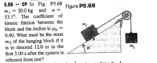 5.68 •• CP In Fig. P5.68
Figure P5.68
20.0 kg and
53.1°. The coefficient of
kinetic friction between the
block and the incline is µx
0.40. What must be the mass
m2 of the hanging block if it
is to descend 12.0 m in the
first 3.00 s after the system is
m2
released from rest?
