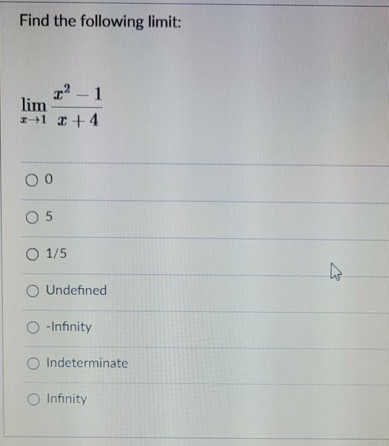 Find the following limit:
lim
I+1 +4
O 5
O 1/5
O Undefined
-Infinity
O Indeterminate
Infinity
