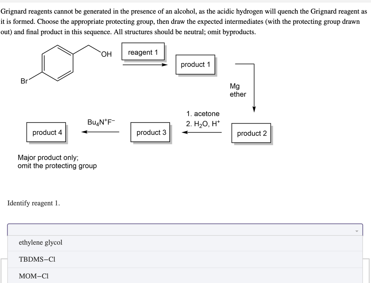 Grignard reagents cannot be generated in the presence of an alcohol, as the acidic hydrogen will quench the Grignard reagent as
it is formed. Choose the appropriate protecting group, then draw the expected intermediates (with the protecting group drawn
out) and final product in this sequence. All structures should be neutral; omit byproducts.
Br
product 4
Major product only;
omit the protecting group
Identify reagent 1.
ethylene glycol
TBDMS-CI
MOM-C1
OH
Bu₂N*F-
reagent 1
product 3
product 1
1. acetone
2. H₂O, H*
Mg
ether
product 2