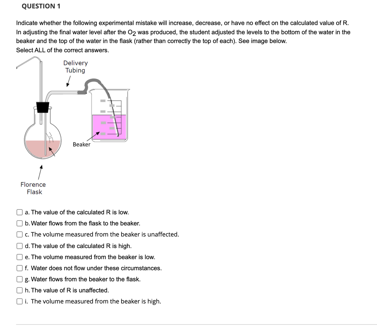 QUESTION 1
Indicate whether the following experimental mistake will increase, decrease, or have no effect on the calculated value of R.
In adjusting the final water level after the O2 was produced, the student adjusted the levels to the bottom of the water in the
beaker and the top of the water in the flask (rather than correctly the top of each). See image below.
Select ALL of the correct answers.
Delivery
Tubing
Beaker
Florence
Flask
a. The value of the calculated R is low.
b. Water flows from the flask to the beaker.
c. The volume measured from the beaker is unaffected.
d. The value of the calculated R is high.
e. The volume measured from the beaker is low.
f. Water does not flow under these circumstances.
g. Water flows from the beaker to the flask.
h. The value of R is unaffected.
O i. The volume measured from the beaker is high.
