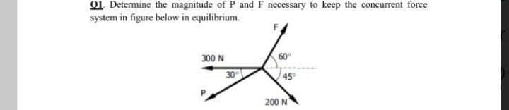 Q1. Determine the magnitude of P and F necessary to keep the concurrent force
system in figure below in equilibrium.
300 N
60
30
45
200 N
