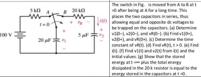5 k2
B 20 k
=0 after being at A for a long time. This
places the two capacitors in series, thus
O allowing equal and opposite dc voltages to
be trapped on the capacitors. (a) Determine
v1(0-), v2(0-), and vR(0-). (b) Find v1(0+),
v2(0+), and vR(0+). (c) Determine the time
constant of vR(t). (d) Find vR(t), t> 0. (e) Find
i(t). (f) Find v1(t) and v2(t) from i(t) and the
initial values. (g) Show that the stored
energy att =00 plus the total energy
dissipated in the 20 k resistor is equal to the
energy stored in the capacitors at t =0.
t=0
5 µF
20 uF
