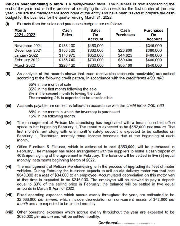 Pelican Merchandising & More is a family-owned store. The business is now approaching the
end of the year and is in the process of identifying its cash needs for the first quarter of the new
year. You are the management accountant of the entity and have been tasked to prepare the cash
budget for the business for the quarter ending March 31, 2022.
(i)
Extracts from the sales and purchases budgets are as follows:
Month
2021 - 2022
Purchases
Cash
Sales
Sales
Cash
Purchases
On
Account
On
Account
$138,100
$156,500
$170,975
$135,740
November 2021
December 2021
January 2022
February 2022
March 2022
$480,000
$600,000
$650,000
$700,000
$25,800
$44,625
$30,400
$345,000
$380,000
$400,000
$480,000
$226,420
$800,000
$55,100
$540,000
(ii)
An analysis of the records shows that trade receivables (accounts receivable) are settled
according to the following credit pattern, in accordance with the credit terms 4/30, n90:
55% in the month of sale
35% in the first month following the sale
8% in the second month following the sale
The remaining 2% is expected to be uncollectible
(iii) Accounts payable are settled as follows, in accordance with the credit terms 2/30, n60:
85% in the month in which the inventory is purchased
15% in the following month
(iv) The management of Pelican Merchandising has negotiated with a tenant to sublet office
space to her beginning February 1. The rental is expected to be $552,000 per annum. The
first month's rent along with one month's safety deposit is expected to be collected on
February 1. Thereafter, monthly rental income becomes due at the beginning of each
month.
Office Furniture & Fixtures, which is estimated to cost $350,000, will be purchased in
(v)
February. The manager has made arrangement with the suppliers to make a cash deposit of
40% upon signing of the agreement in February. The balance will be settled in five (5) equal
monthly instalments beginning March of 2022.
(vi) The management of Pelican Merchandising is in the process of upgrading its fleet of motor
vehicles. During February the business expects to sell an old delivery motor van that cost
$540,000 at a loss of $34,000 to an employee. Accumulated depreciation on this motor van
at that time is expected to be $246,000. The employee will be allowed to pay a deposit
equal to 60% of the selling price in February; the balance will be settled in two equal
amounts in March & April of 2022.
(vii) Fixed operating expenses which accrue evenly throughout the year, are estimated to be
$2,088,000 per annum, which include depreciation on non-current assets of $42,000 per
month and are expected to be settled monthly.
(viii) Other operating expenses which accrue evenly throughout the year are expected to be
$696,000 per annum and will be settled monthly.
Continued .
