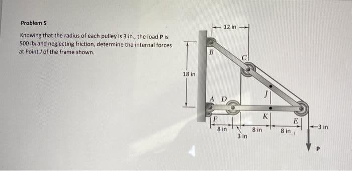 Problem 5
Knowing that the radius of each pulley is 3 in., the load P is
500 lb, and neglecting friction, determine the internal forces
at Point of the frame shown.
18 in.
B
12 in
AD
F
8 in
3 in
8 in
K
8 in
E|
-3 in
P