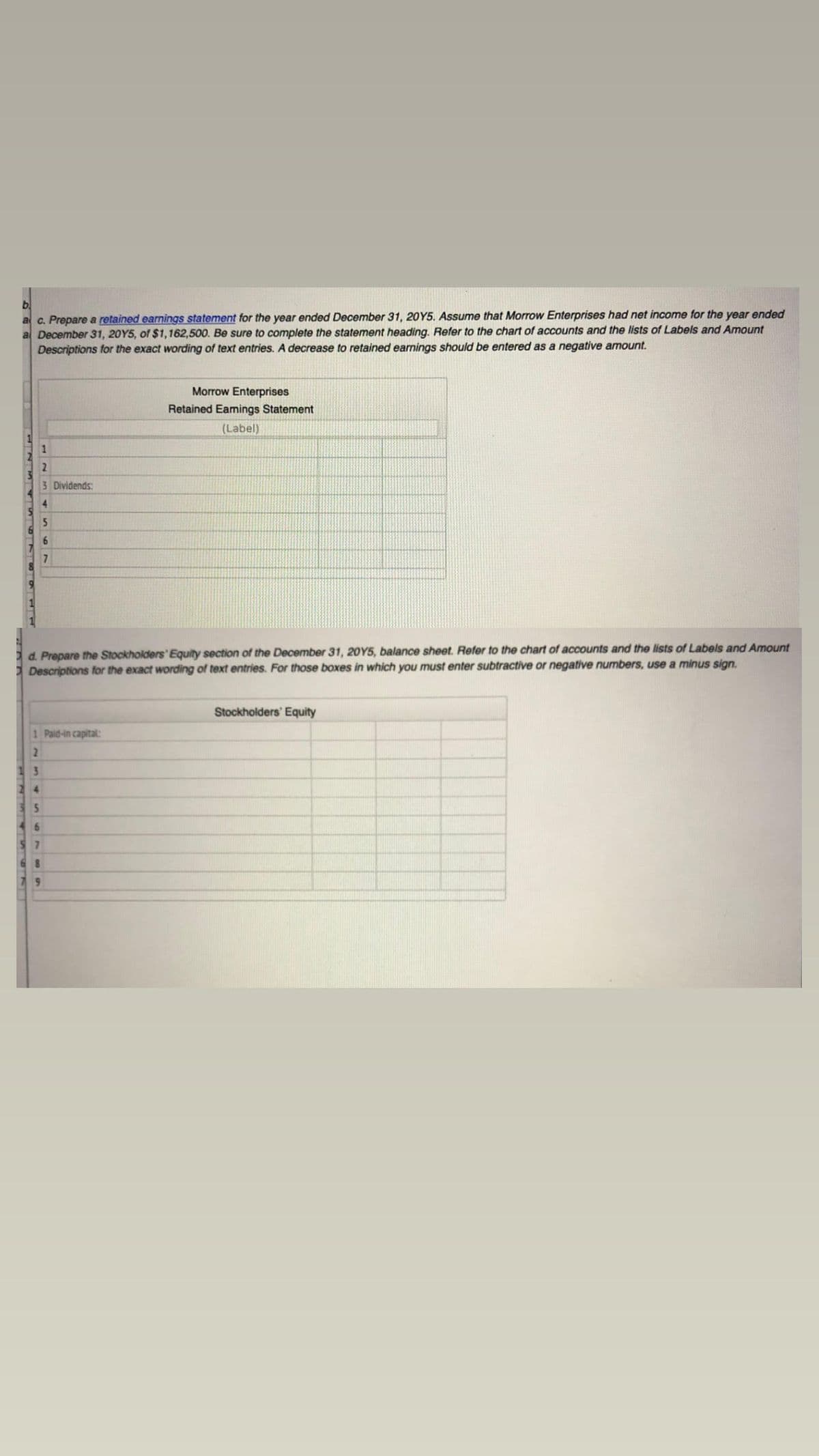 a c. Prepare a retained earnings statement for the year ended December 31, 20Y5. Assume that Morrow Enterprises had net income for the year ended
al December 31, 20Y5, of $1,162,500. Be sure to complete the statement heading. Refer to the chart of accounts and the lists of Labels and Amount
Descriptions for the exact wording of text entries. A decrease to retained earnings should be entered as a negative amount.
Morrow Enterprises
Retained Eamings Statement
(Label)
1
2
3 Dividends:
4.
Ed. Prepare the Stockholders' Equity section of the December 31, 20Y5, balance sheet. Refer to the chart of accounts and the lists of Labels and Amount
E Descriptions for the exact wording of text entries. For those boxes in which you must enter subtractive or negative numbers, use a minus sign.
Stockholders' Equity
1 Paid-in capital:
7.
123 4S 679
