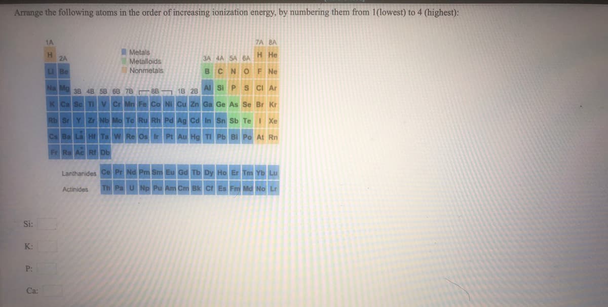 Arrange the following atoms in the order of increasing ionization energy, by numbering them from 1(lowest) to 4 (highest):
1A
7A 8A
IMetals
Metalloids
Nonmetals
H He
2A
3A 4A 5A 6A
U Be
BCNO F Ne
Na Mo
3B 4B 5B 6B 7B 8B
18 28 Al Si PS CI Ar
Ca Sc TI V Cr Mn Fe Co NI Cu Zn Ga Ge As Se Br Kr
Rb Sr Y Zr Nb Mo Tc Ru Rh Pd Ag Cd in Sn Sb Te Xe
Cs Ba La Hf Ta W Re Os Ir Pt Au Hg TI Pb BI Po At Rn
Fr Ra Ac RI Db
Lanthanides Ce Pr Nd Pm Sm Eu Gd Tb Dy Ho Er Tm Yb Lu
Actinides
Th Pa U Np Pu Am Cm Bk Cf Es Fm Md No Lr
Si:
K:
P:
Ca:
