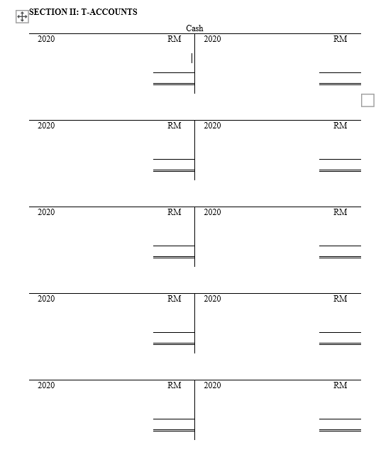 SECTION II: T-ACCOUNTS
Cash
2020
RM
2020
RM
2020
RM
2020
RM
2020
RM
2020
RM
2020
RM
2020
RM
2020
RM
2020
RM
