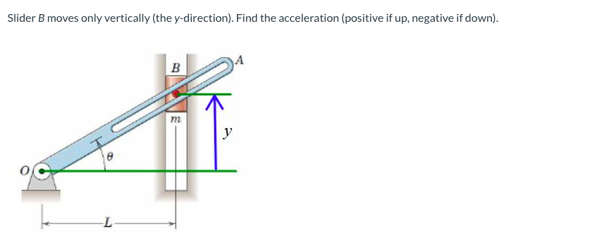 Slider B moves only vertically (the y-direction). Find the acceleration (positive if up, negative if down).
8
-L
B
CO
m
y