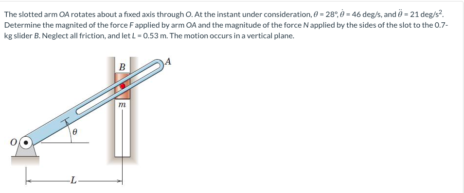The slotted arm OA rotates about a fixed axis through O. At the instant under consideration, € = 28°, 0 = 46 deg/s, and € = 21 deg/s².
Determine the magnited of the force F applied by arm OA and the magnitude of the force N applied by the sides of the slot to the 0.7-
kg slider B. Neglect all friction, and let L = 0.53 m. The motion occurs in a vertical plane.
6
-L-
B
m