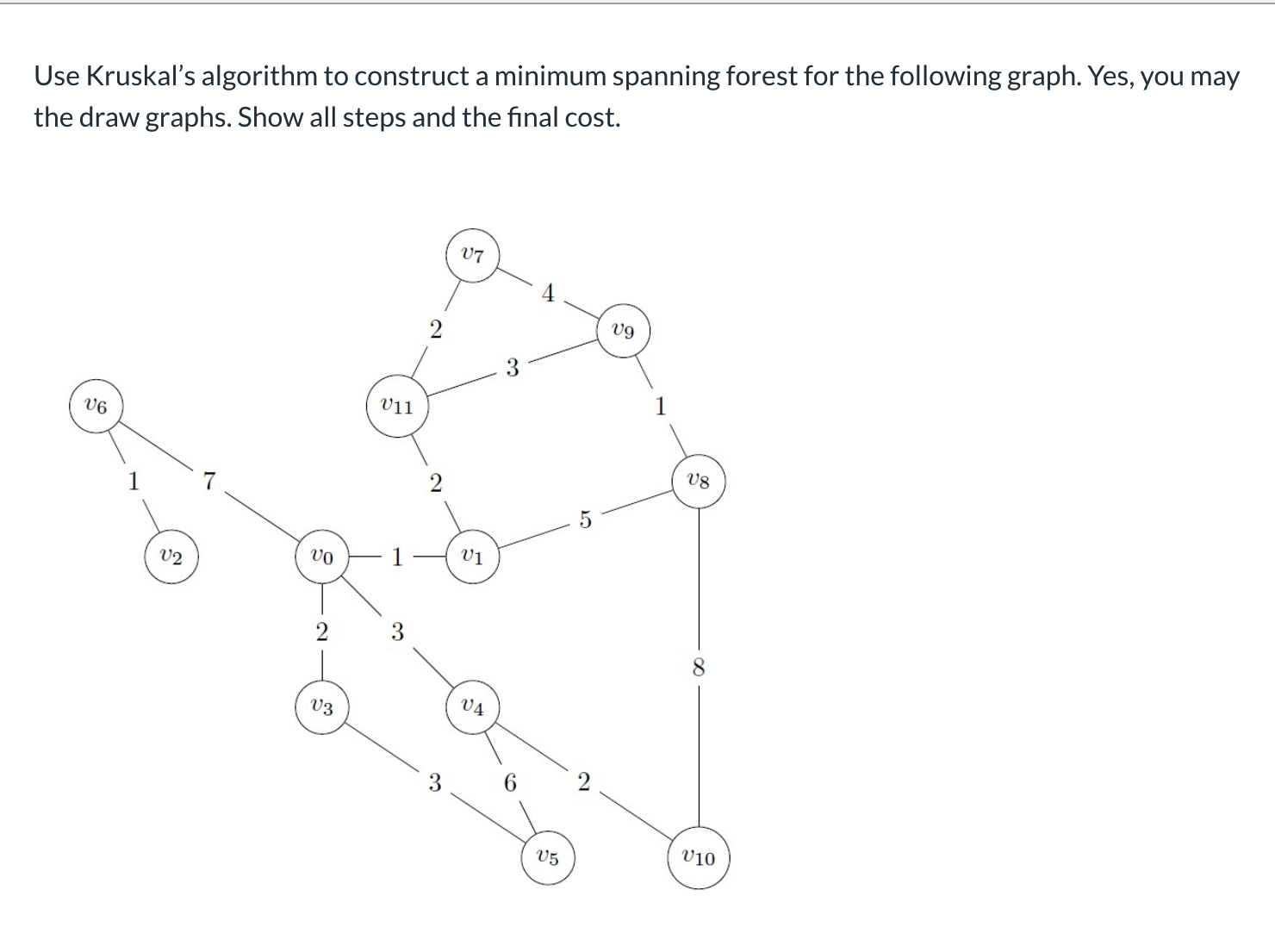 Use Kruskal's algorithm to construct a minimum spanning forest for the following graph. Yes, you may
the draw graphs. Show all steps and the final cost.
V7
v9
3
v11
V6
v8
2
Vị
v2
3
V4
V3
3
6
v10
V5
2.
2.
