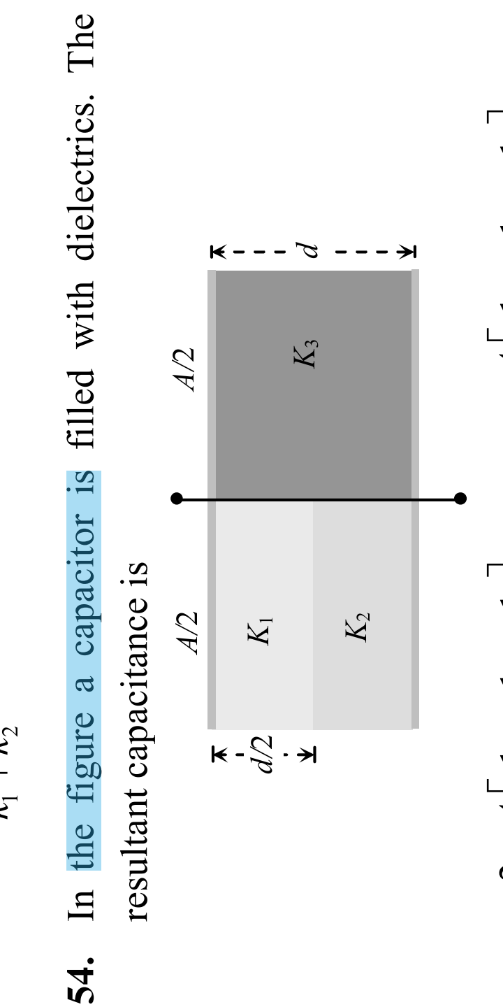 54. In the figure a capacitor is filled with dielectrics. The
resultant capacitance is
A/2
A/2
d/2
K2
