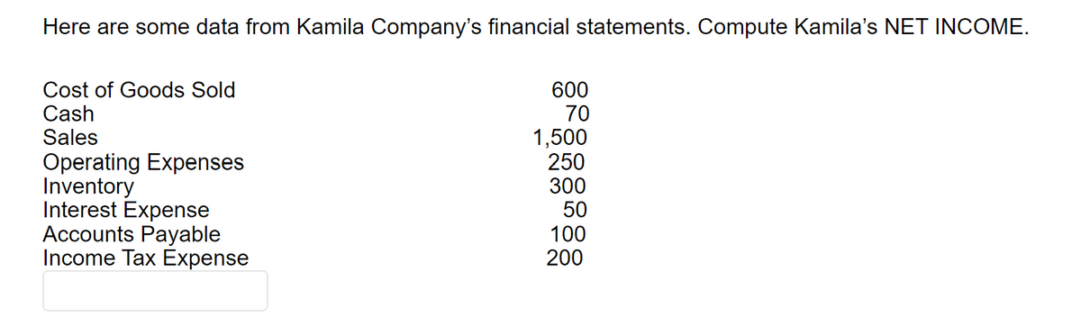 Here are some data from Kamila Company's financial statements. Compute Kamila's NET INCOME.
Cost of Goods Sold
Cash
Sales
Operating Expenses
Inventory
Interest Expense
Accounts Payable
Income Tax Expense
600
70
1,500
250
300
50
100
200