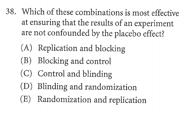 38. Which of these combinations is most effective
at ensuring that the results of an experiment
are not confounded by the placebo effect?
(A) Replication and blocking
(B) Blocking and control
(C) Control and blinding
(D) Blinding and randomization
(E) Randomization and replication
