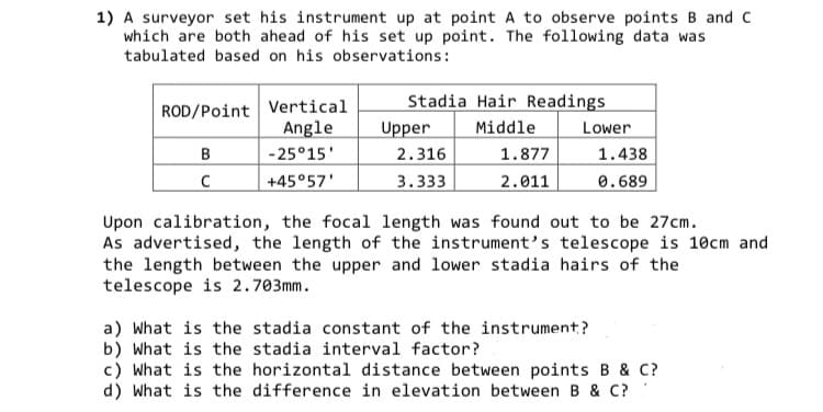 1) A surveyor set his instrument up at point A to observe points B and C
which are both ahead of his set up point. The following data was
tabulated based on his observations:
Stadia Hair Readings
ROD/Point Vertical
Angle
Upper
Middle
Lower
B
-25°15'
2.316
1.877
1.438
+45°57'
3.333
2.011
0.689
Upon calibration, the focal length was found out to be 27cm.
As advertised, the length of the instrument's telescope is 10cm and
the length between the upper and lower stadia hairs of the
telescope is 2.703mm.
a) What is the stadia constant of the instrument?
b) What is the stadia interval factor?
c) What is the horizontal distance between points B & C?
d) What is the difference in elevation between B & C?
