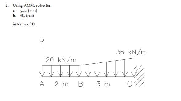 2. Using AMM, solve for:
a. Ymas (mm)
b. OB (rad)
in terms of EI.
P
A
36 kN/m
20 kN/m
wvvvvvvv
2 m
B
3 m
C