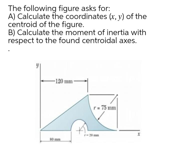 The following figure asks for:
A) Calculate the coordinates (x, y) of the
centroid of the figure.
B) Calculate the moment of inertia with
respect to the found centroidal axes.
120 mm
r = 75 mm
-20 mm
80 mm
