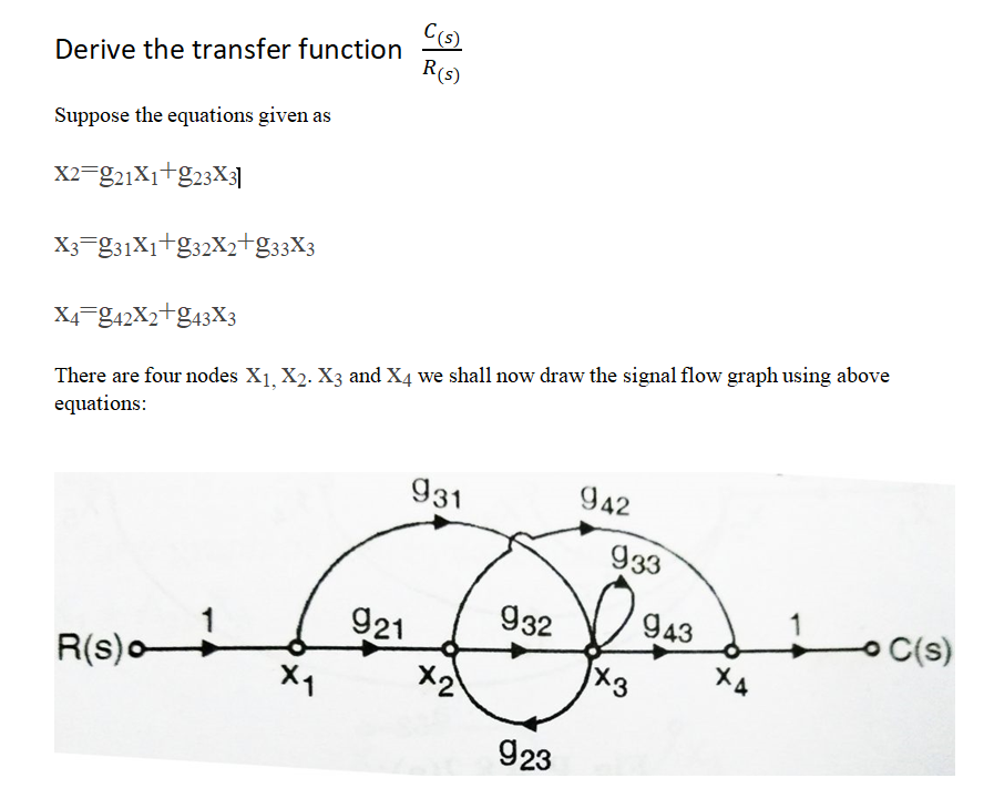 Derive the transfer function
R(s)
Suppose the equations given as
X2-g21X1+923X3]
X3-931X1+g32X2tg33X3
X4-G42X2+&43X3
There are four nodes X1, X2. X3 and X4 we shall now draw the signal flow graph using above
equations:
931
942
933
932
943
1
oC(s)
921
X2
R(s)o-
X1
923
