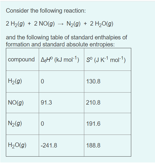 Consider the following reaction:
2 H2(g) + 2 NO(g)
N2(g) + 2 H20(g)
and the following table of standard enthalpies of
formation and standard absolute entropies:
compound AH (kJ mol-1) s° (J K-1 mol-1)
H2(g)
130.8
NO(g)
91.3
210.8
N2(g)
191.6
H20(g)
-241.8
188.8
