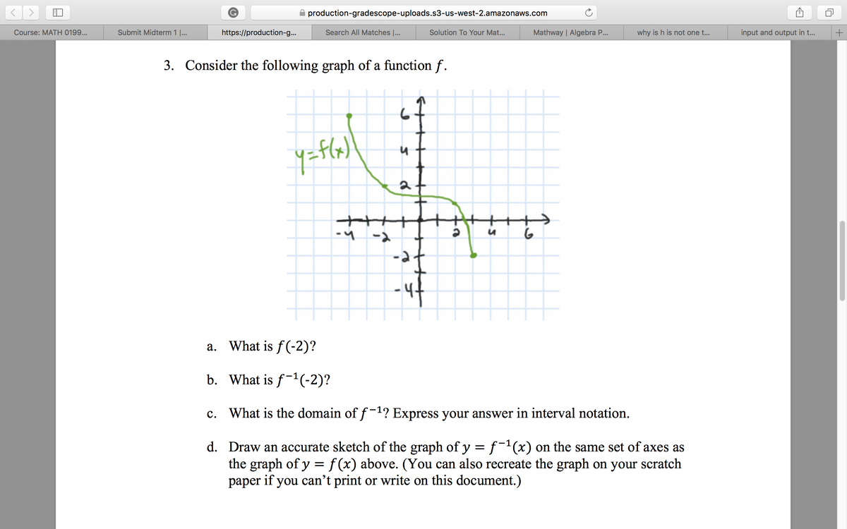 A production-gradescope-uploads.s3-us-west-2.amazonaws.com
Course: MATH 0199...
Submit Midterm 1 |...
https://production-g...
Search All Matches |...
Solution To Your Mat...
Mathway | Algebra P..
why is h is not one t...
input and output in t..
3. Consider the following graph of a function f.
++
-4 -2
a. What is f(-2)?
b. What is f-1(-2)?
c. What is the domain of f-1? Express your answer in interval notation.
d. Draw an accurate sketch of the graph of y = f¯(x) on the same set of axes as
the graph of y = f(x) above. (You can also recreate the graph on your scratch
paper if you can't print or write on this document.)
is
