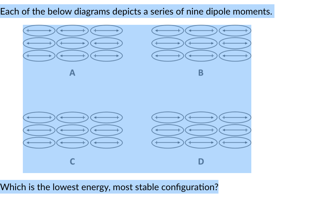 Each of the below diagrams depicts a series of nine dipole moments.
000
A
000
C
000
000
000
B
000
Which is the lowest energy, most stable configuration?
000