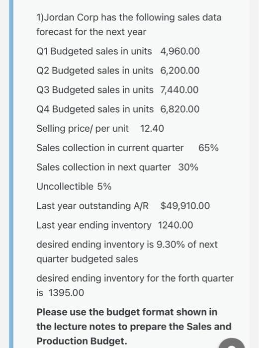 1)Jordan Corp has the following sales data
forecast for the next year
Q1 Budgeted sales in units
4,960.00
Q2 Budgeted sales in units
6,200.00
Q3 Budgeted sales in units 7,440.00
Q4 Budgeted sales in units 6,820.00
Selling price/ per unit 12.40
Sales collection in current quarter 65%
Sales collection in next quarter 30%
Uncollectible 5%
Last year outstanding A/R $49,910.00
Last year ending inventory 1240.00
desired ending inventory is 9.30% of next
quarter budgeted sales
desired ending inventory for the forth quarter
is 1395.00
Please use the budget format shown in
the lecture notes to prepare the Sales and
Production Budget.