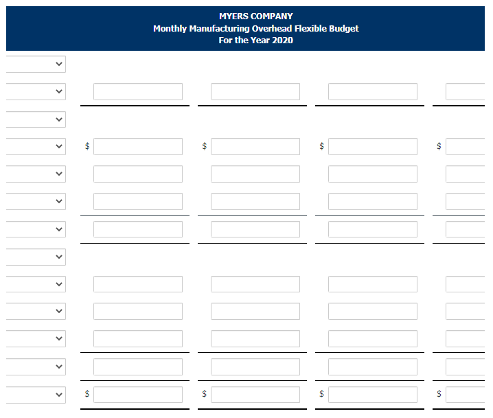 <
<
69
$
MYERS COMPANY
Monthly Manufacturing Overhead Flexible Budget
For the Year 2020
III
40
$
100
49
III
69
$