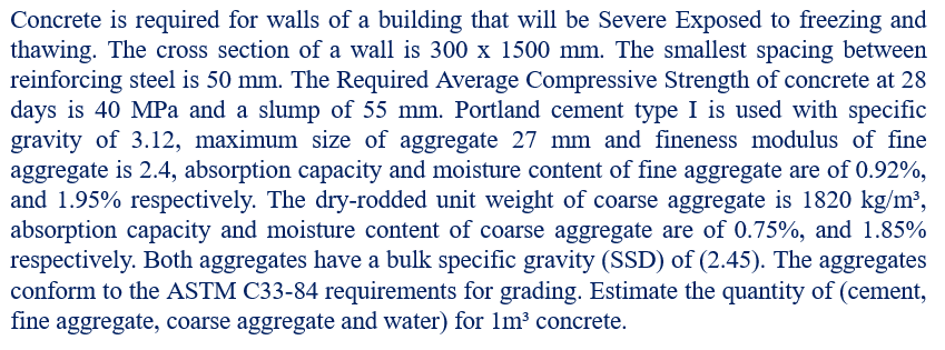 Concrete is required for walls of a building that will be Severe Exposed to freezing and
thawing. The cross section of a wall is 300 x 1500 mm. The smallest spacing between
reinforcing steel is 50 mm. The Required Average Compressive Strength of concrete at 28
days is 40 MPa and a slump of 55 mm. Portland cement type I is used with specific
gravity of 3.12, maximum size of aggregate 27 mm and fineness modulus of fine
aggregate is 2.4, absorption capacity and moisture content of fine aggregate are of 0.92%,
and 1.95% respectively. The dry-rodded unit weight of coarse aggregate is 1820 kg/m³,
absorption capacity and moisture content of coarse aggregate are of 0.75%, and 1.85%
respectively. Both aggregates have a bulk specific gravity (SSD) of (2.45). The aggregates
conform to the ASTM C33-84 requirements for grading. Estimate the quantity of (cement,
fine aggregate, coarse aggregate and water) for 1m³ concrete.