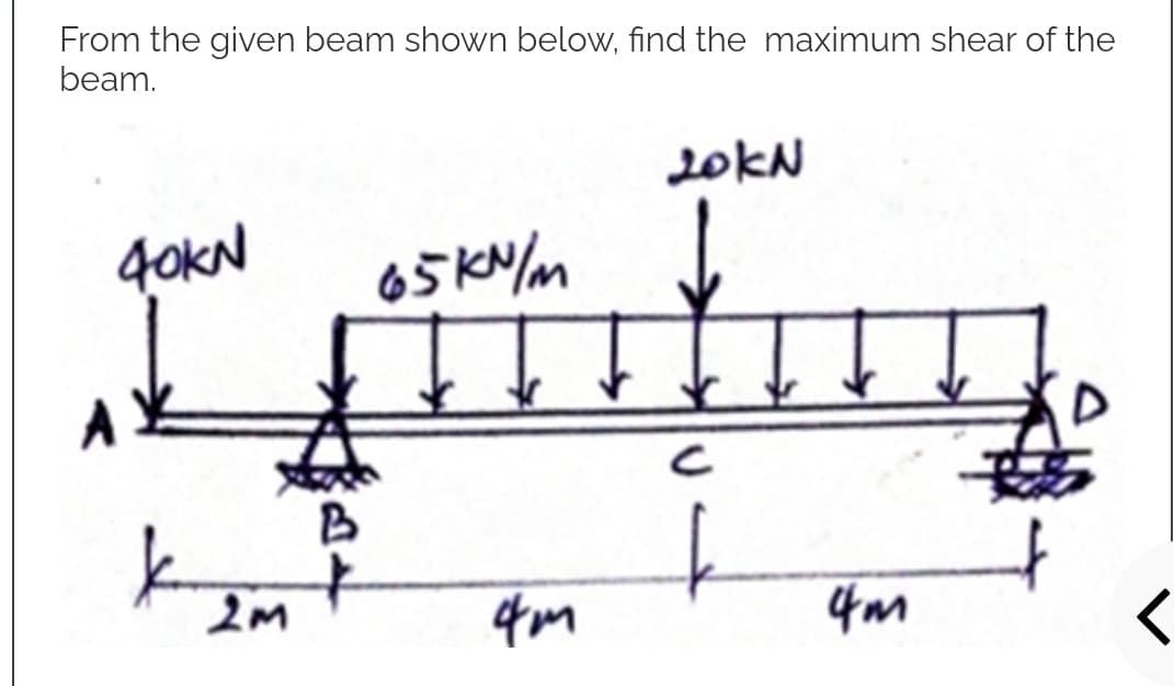 From the given beam shown below, find the maximum shear of the
beam.
20kN
40KN
65kN/m
H
A
2M
4m
4m