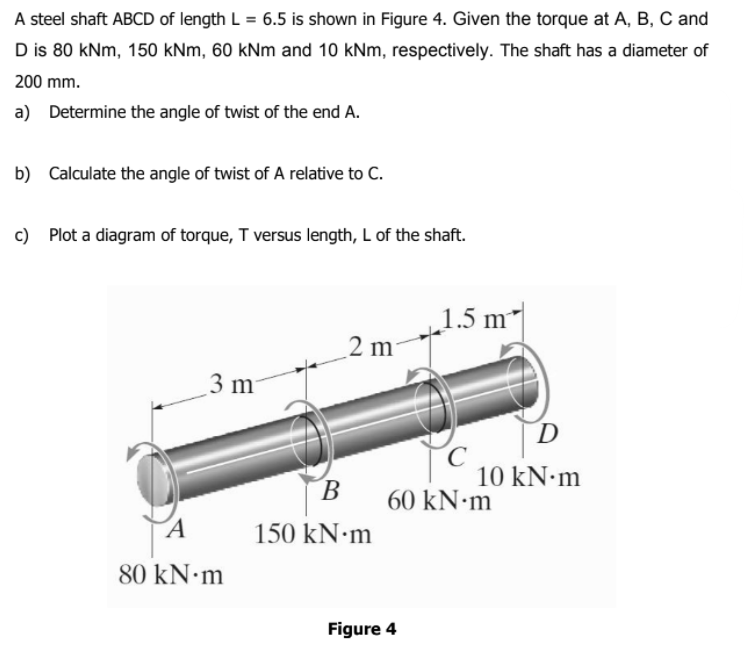A steel shaft ABCD of length L = 6.5 is shown in Figure 4. Given the torque at A, B, C and
D is 80 kNm, 150 kNm, 60 kNm and 10 kNm, respectively. The shaft has a diameter of
200 mm.
a) Determine the angle of twist of the end A.
b) Calculate the angle of twist of A relative to C.
c) Plot a diagram of torque, T versus length, L of the shaft.
1.5 m
2 m
3 m
D
10 KN•M
B.
60 KN•M
´A
150 kN·m
80 kN·m
Figure 4
