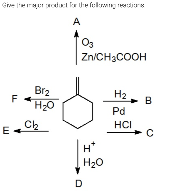 Give the major product for the following reactions.
A
O3
Zn/CH3COOH
Br2
F
H20
H2
В
Pd
HCI
C
E
H2O
