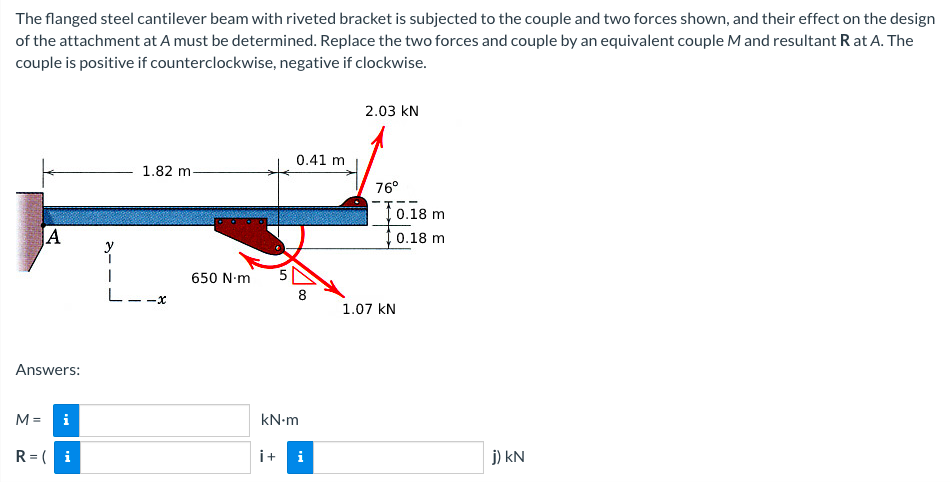 The flanged steel cantilever beam with riveted bracket is subjected to the couple and two forces shown, and their effect on the design
of the attachment at A must be determined. Replace the two forces and couple by an equivalent couple M and resultant R at A. The
couple is positive if counterclockwise, negative if clockwise.
2.03 kN
0.41 m
1.82 m
76°
10.18 m
A
0.18 m
650 N-m
L--x
8
1.07 kN
Answers:
M =
i
kN-m
R = ( i
i+
i
j) kN
