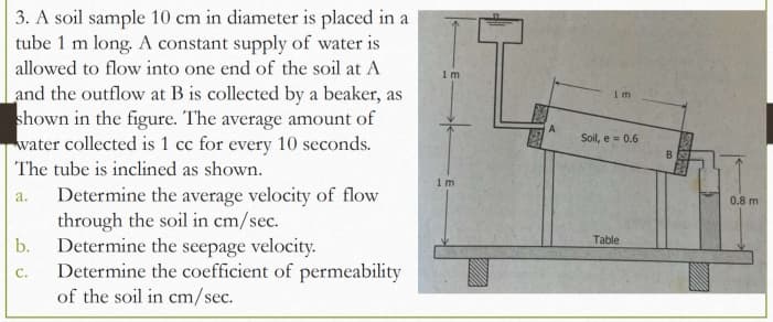 3. A soil sample 10 cm in diameter is placed in a
tube 1 m long. A constant supply of water is
allowed to flow into one end of the soil at A
1 m
and the outflow at B is collected by a beaker, as
shown in the figure. The average amount of
water collected is 1 cc for every 10 seconds.
The tube is inclined as shown.
1 m
A
Soil, e = 0.6
B
1 m
Determine the average velocity of flow
through the soil in cm/sec.
Determine the seepage velocity.
Determine the coefficient of permeability
of the soil in cm/sec.
a.
0.8 m
b.
Table
C.
