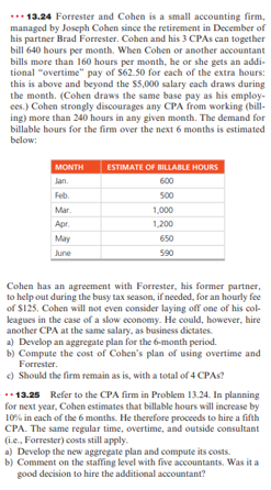 *** 13.24 Forrester and Cohen is a small accounting firm,
managed by Joseph Cohen since the retirement in December of
his partner Brad Forrester. Cohen and his 3 CPAs can together
bill 640 hours per month. When Cohen or another accountant
bills more than 160 hours per month, he or she gets an addi-
tional "overtime" pay of $62.50 for each of the extra hours:
this is above and beyond the $5,000 salary each draws during
the month. (Cohen draws the same base pay as his employ-
ces.) Cohen strongly discourages any CPA from working (bill-
ing) more than 240 hours in any given month. The demand for
billable hours for the firm over the next 6 months is estimated
below:
MONTH
ESTIMATE OF BILLABLE HOURS
Jan.
600
Feb.
500
Mar.
1,000
Apr.
1,200
May
650
June
590
Cohen has an agreement with Forrester, his former partner,
to help out during the busy tax season, if needed, for an hourly fee
of $125. Cohen will not even consider laying off one of his col-
leagues in the case of a slow economy. He could, however, hire
another CPA at the same salary, as business dictates.
a) Develop an aggregate plan for the 6-month period.
b) Compute the cost of Cohen's plan of using overtime and
Forrester.
c) Should the firm remain as is, with a total of 4 CPA?
..13.25 Refer to the CPA firm in Problem 13.24. In planning
for next year, Cohen estimates that billable hours will increase by
10% in each of the 6 months. He therefore proceeds to hire a fifth
CPA. The same regular time, overtime, and outside consultant
(i.e., Forrester) costs still apply.
a) Develop the new aggregate plan and compute its costs.
b) Comment on the staffing level with five accountants. Was it a
good decision to hire the additional accountant?